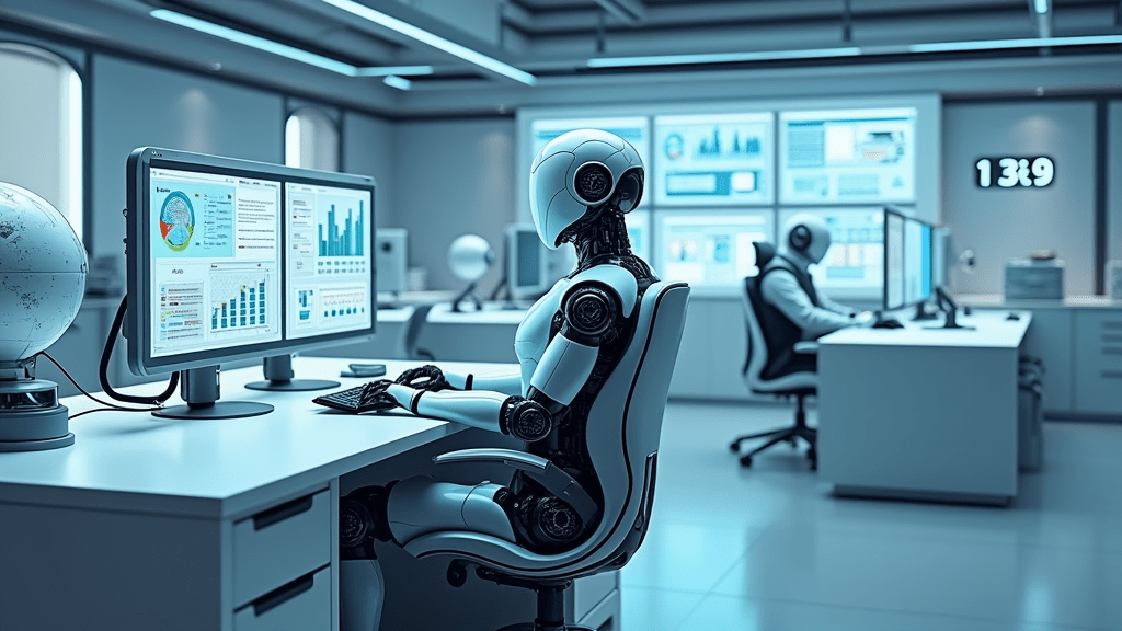 A futuristic office space featuring a humanoid robot with a sleek design sitting at a high-tech workstation. The environment is illuminated with soft blue lighting, and multiple transparent display screens showcase data, graphs, and information. Various advanced computer monitors and office equipment are situated on the white desks, contributing to a modern, tech-centric atmosphere. A globe and digital clock are visible in the background, enhancing the futuristic vibe.