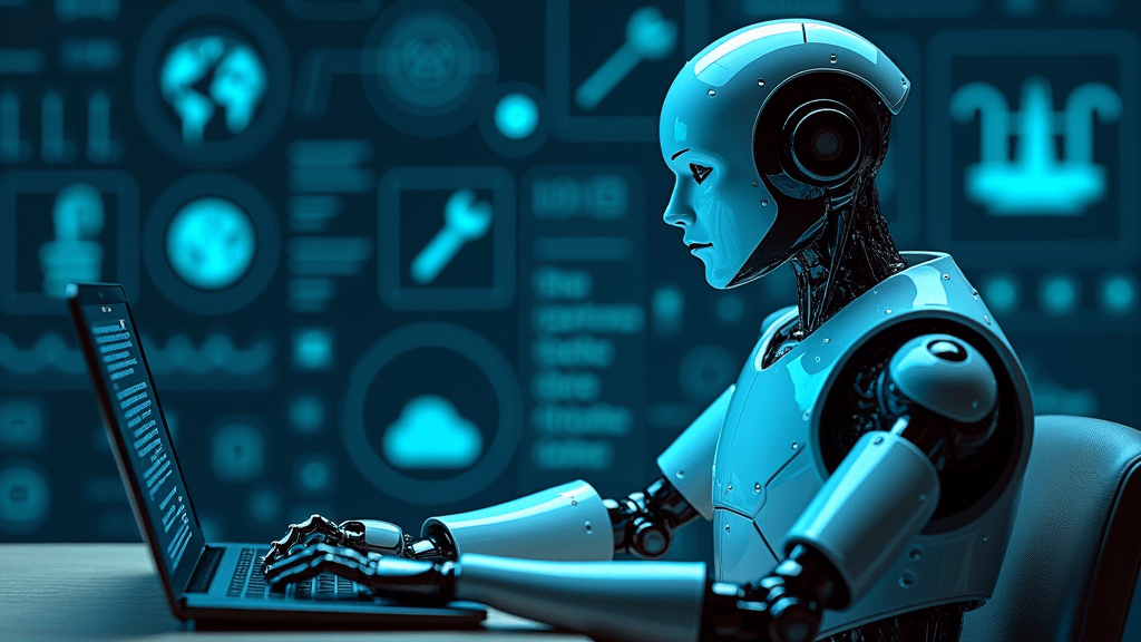 A humanoid robot with a sleek, metallic body sits at a laptop, appearing contemplative. The background features a futuristic digital interface with various icons, including a globe, cloud, tools, and industrial symbols, suggesting themes of technology and connectivity. The overall color scheme is predominantly blue and black, enhancing the high-tech atmosphere.