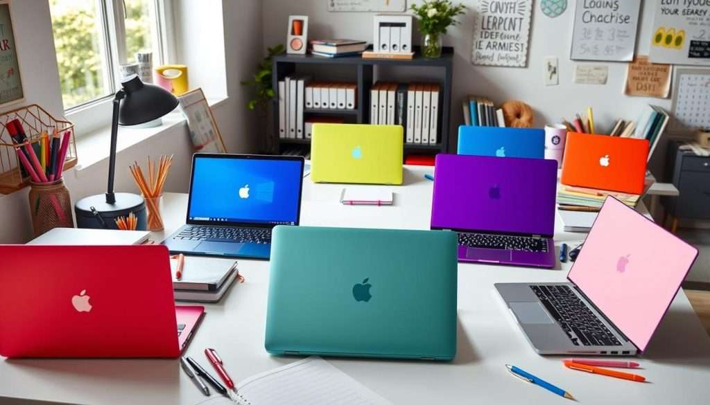 a group of laptops on a table