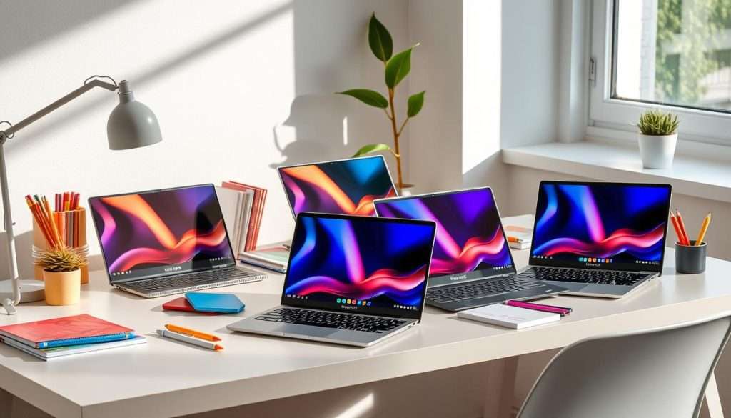 a group of laptops on a table