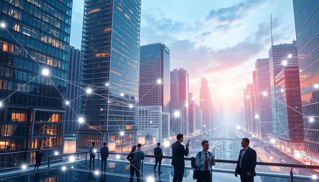 a group of people standing on a glass balcony overlooking a city