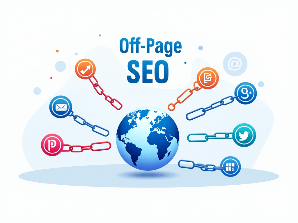 An engaging illustration representing 'Off-Page SEO,' showing interconnected elements like link-building, social media engagement, guest blogging, and influencer marketing. The design includes vibrant icons of backlinks (e.g., chain links), social media logos, and a globe symbolizing online outreach. The background is clean and professional, with smooth gradients and a tech-inspired aesthetic. The overall style is modern, minimalistic, and visually appealing, suitable for a digital marketing blog post.