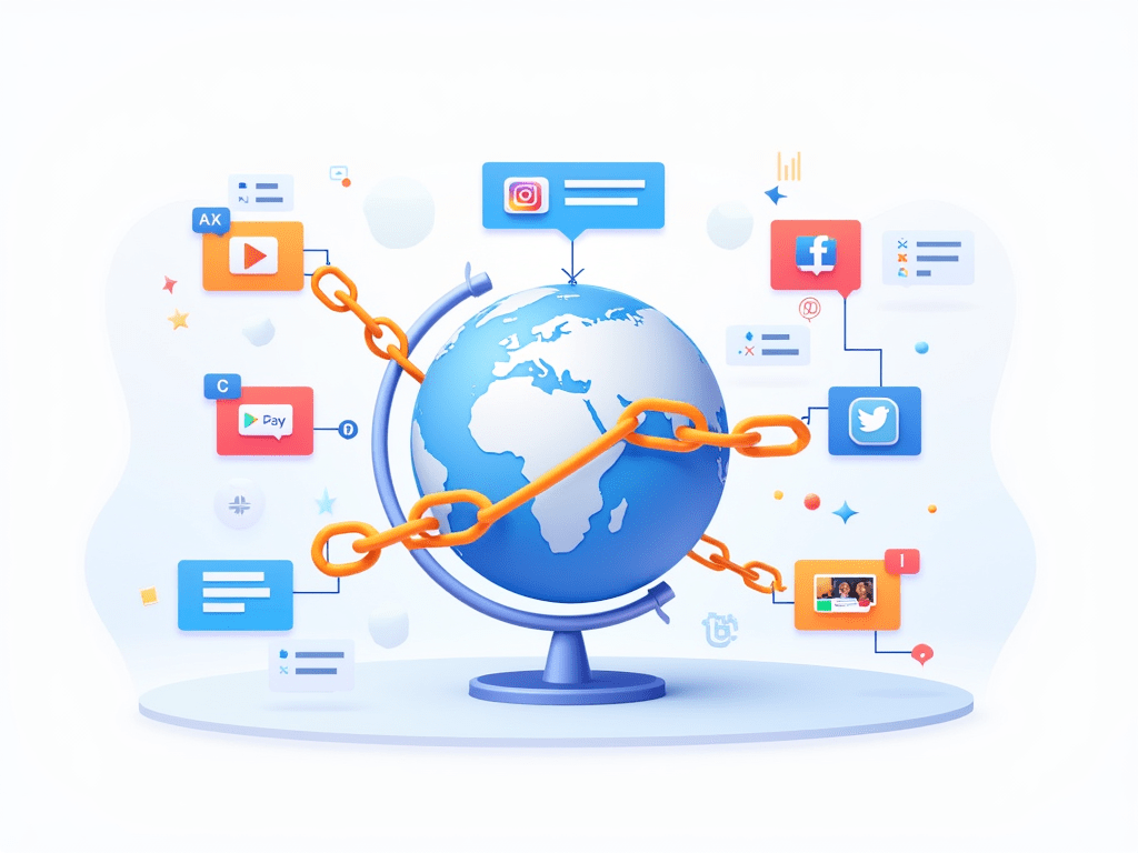 An engaging illustration representing 'Off-Page SEO,' showing interconnected elements like link-building, social media engagement, guest blogging, and influencer marketing. The design includes vibrant icons of backlinks (e.g., chain links), social media logos, and a globe symbolizing online outreach. The background is clean and professional, with smooth gradients and a tech-inspired aesthetic. The overall style is modern, minimalistic, and visually appealing, suitable for a digital marketing blog post.